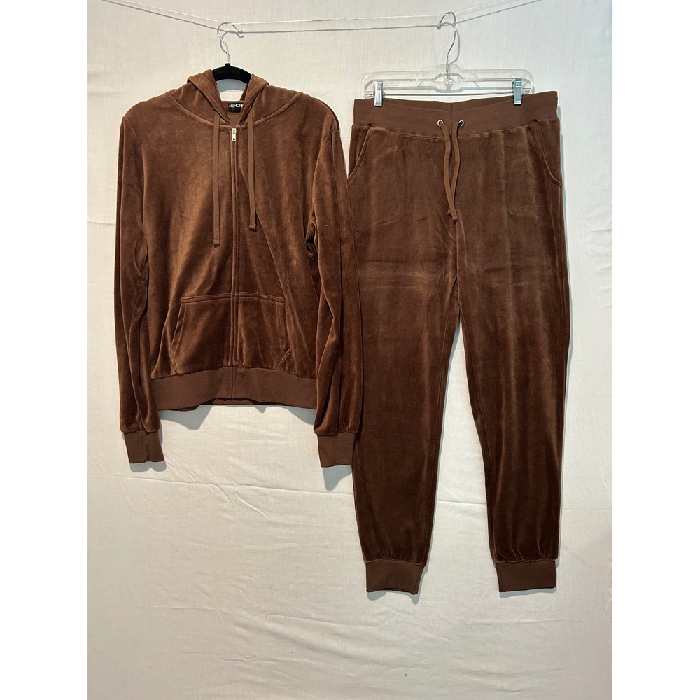Fashion Nova Womens Brown Velour Tracksuit Zip Up Hoodie and Joggers Set L